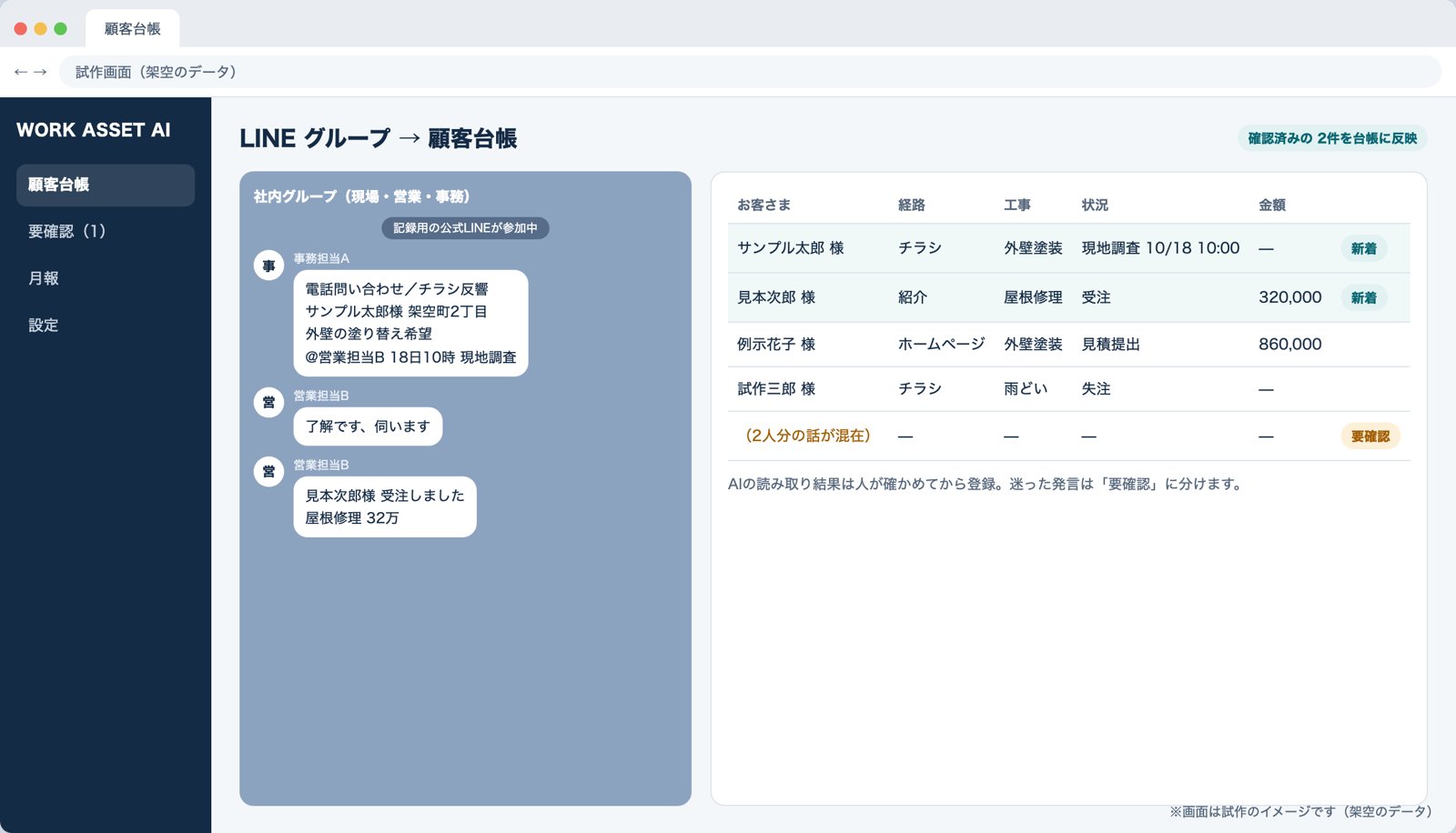 LINEグループのやり取りから顧客台帳ができる試作画面