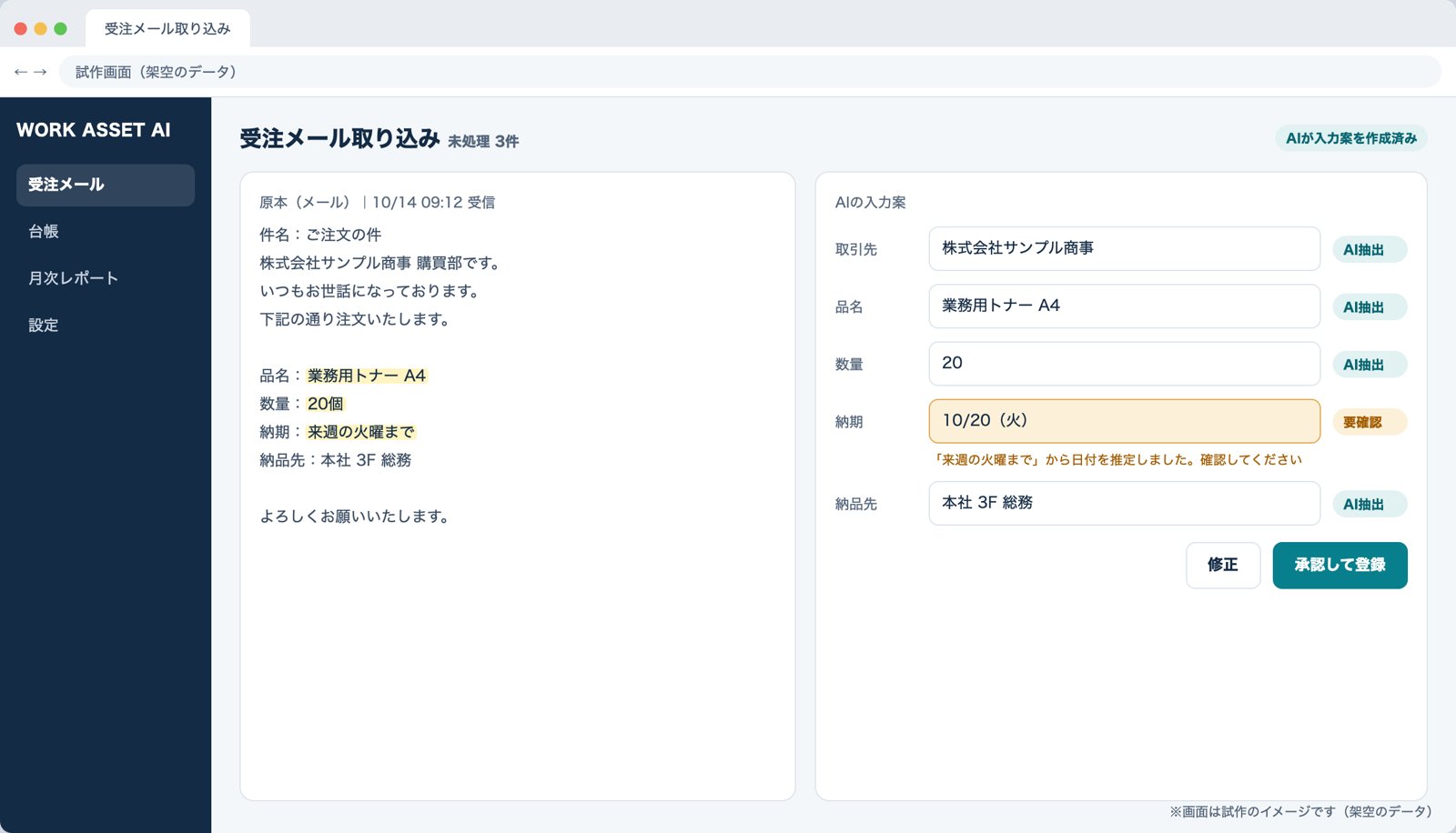 受注メール取り込みの試作画面。原本の横にAIの入力案が並び、迷う項目に要確認の印